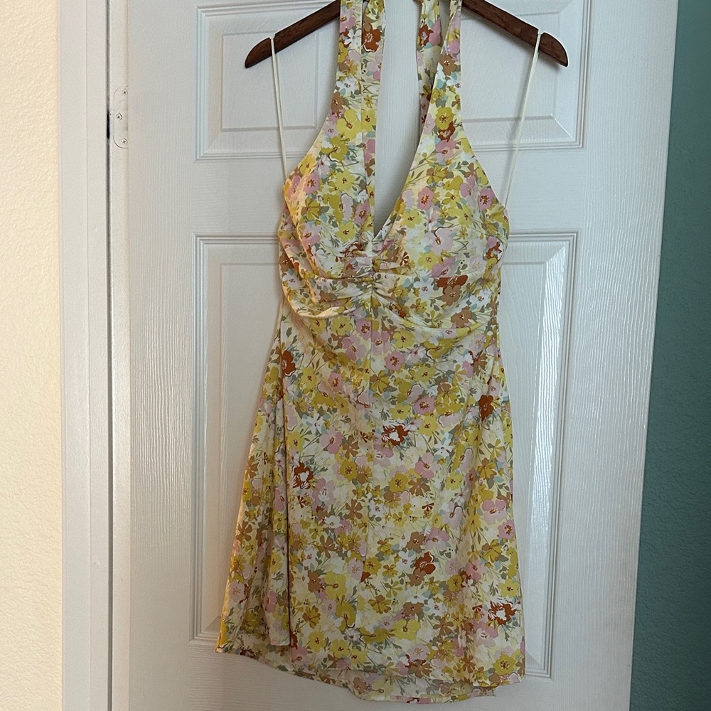 Astr Floral Backless Halter Mini Dress - Yellow and Pink